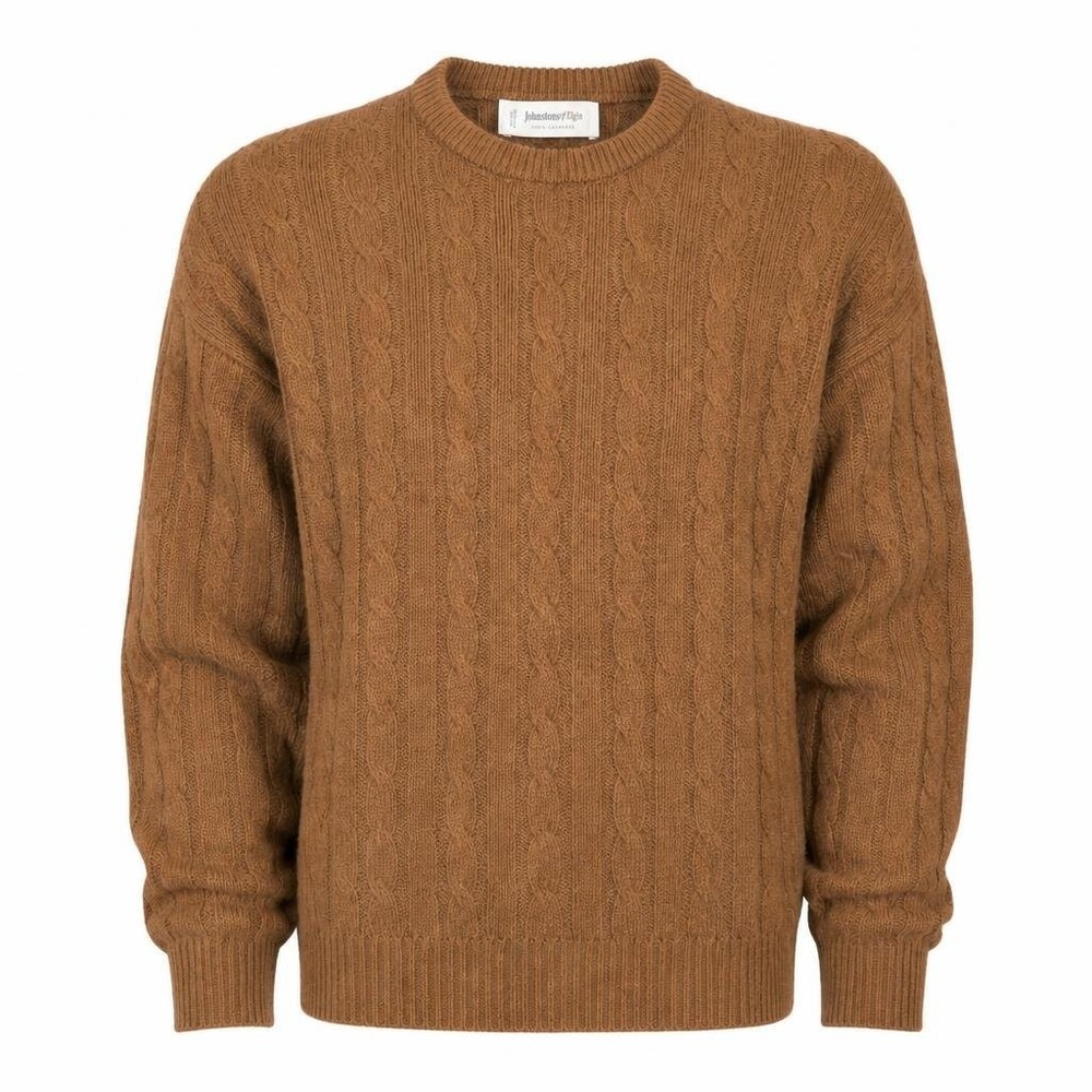 VTG Johnstons of Elgin Sweater Mens M 100% Camelhair Cable Knit Scotland READ